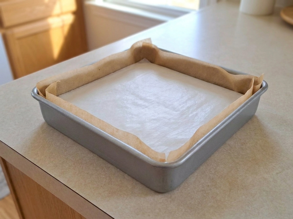 An 8-inch square pan lined with parchment and edible wafer paper, set on a kitchen counter