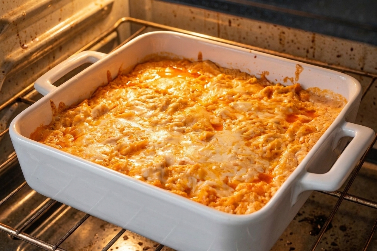 An 8x8 baking dish of Buffalo chicken dip baking in the oven with melted cheese bubbling on top
