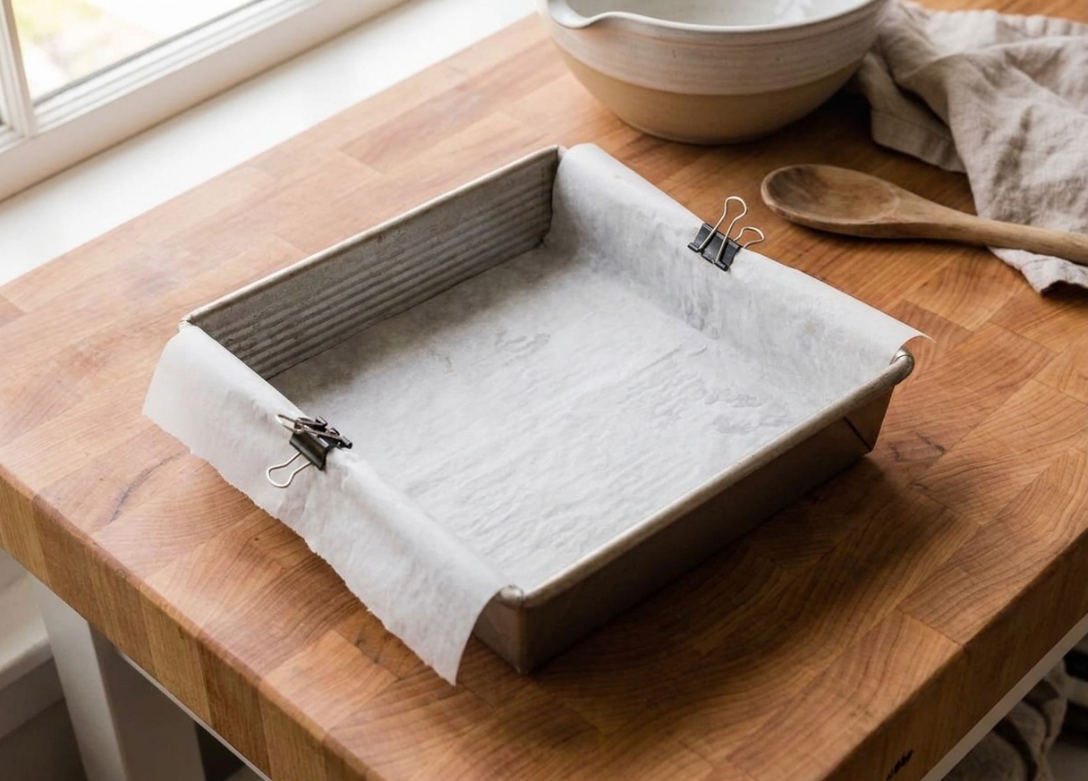 An 8x8 baking pan lined with parchment paper on a wooden countertop, ready for brownie batter