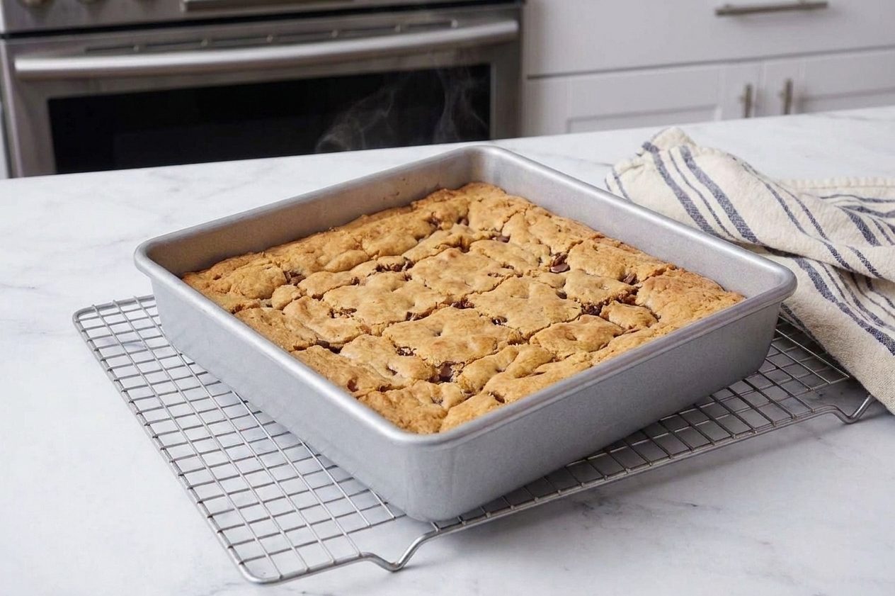An 8x8-inch baking pan filled with freshly baked cookie bars cooling on a wire rack in a bright kitchen