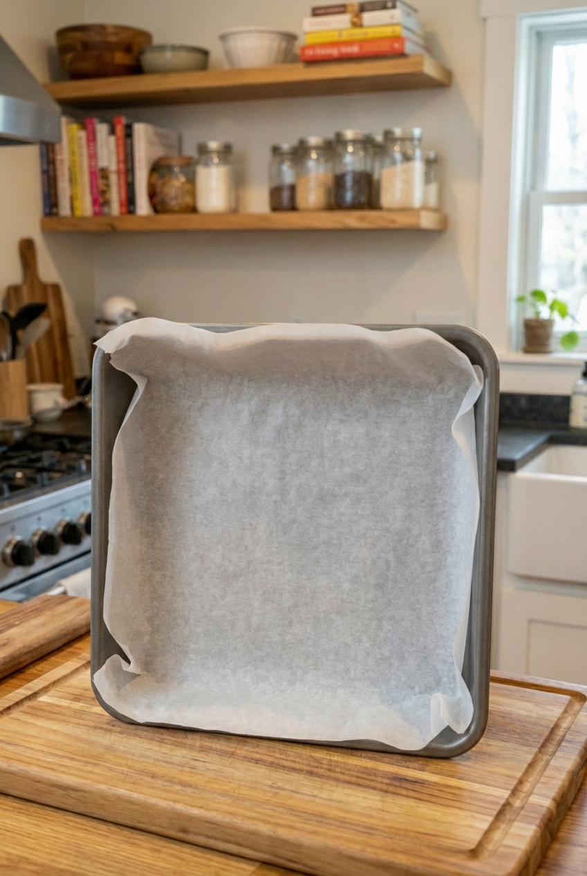 An 8x8-inch baking pan lined with parchment paper with overhanging sides