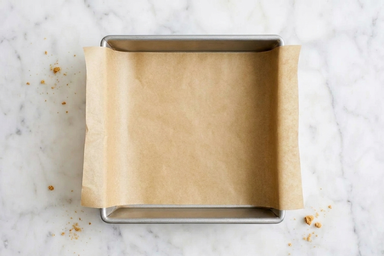 An 8x8-inch baking pan lined with parchment paper with overhang on two sides on a kitchen counter