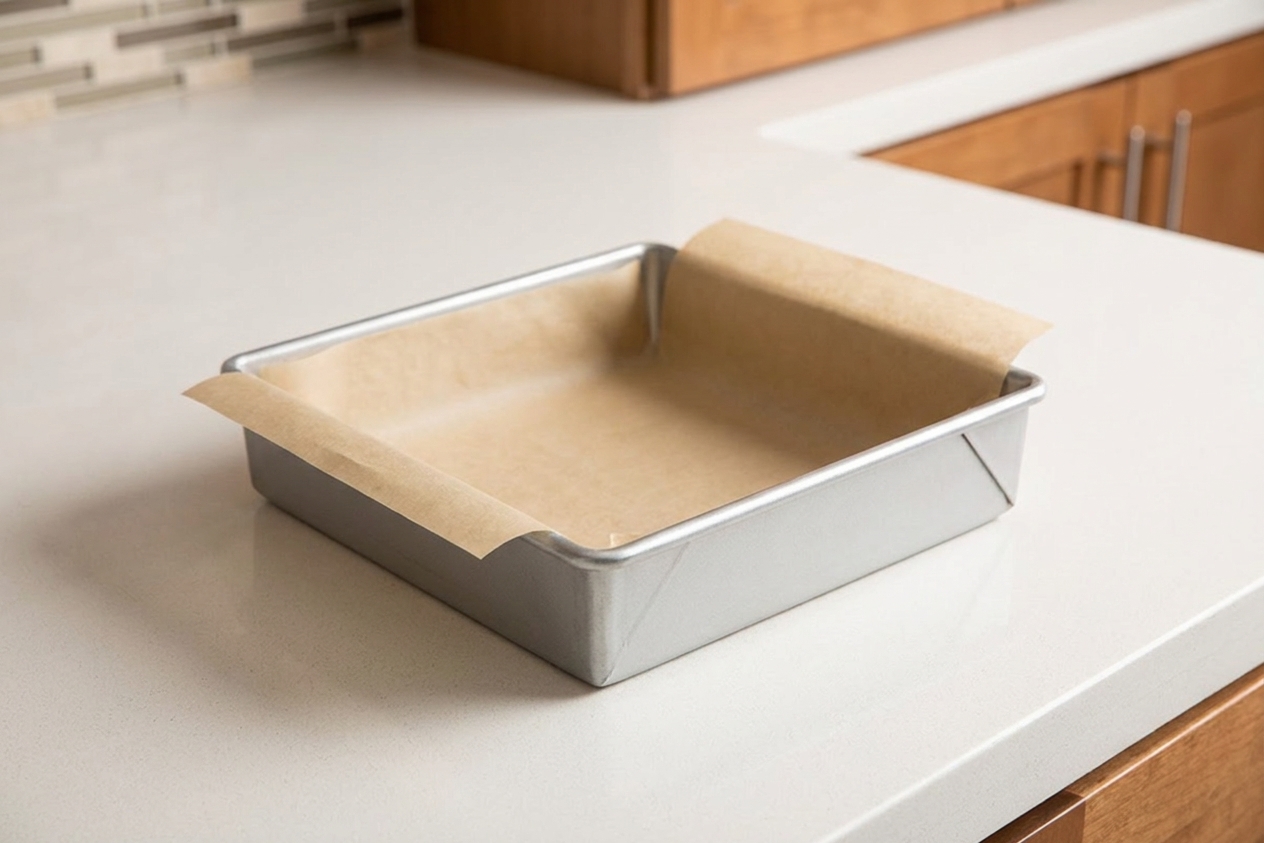 An 8x8-inch baking pan lined with parchment paper with overhang handles on a clean kitchen counter