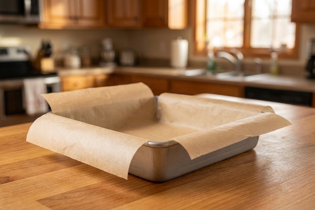 An 8x8-inch baking pan lined with parchment paper with overhang, sitting on a clean kitchen counter