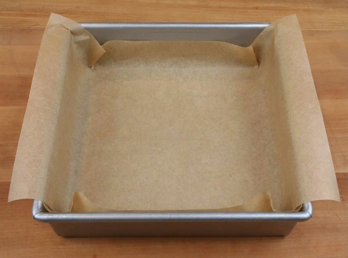 An 8x8-inch metal baking pan lined with parchment paper with overhang handles, set on a clean kitchen counter
