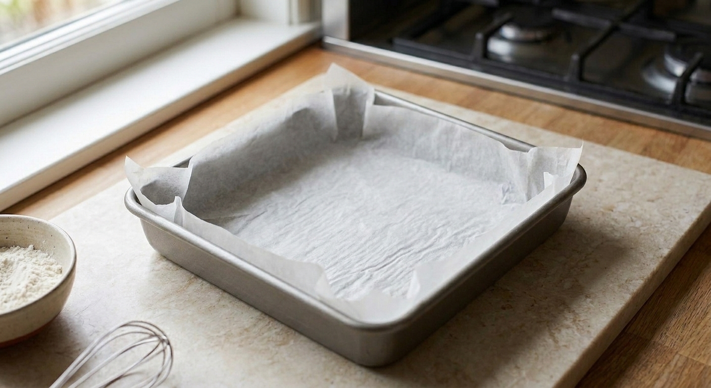 An 8x8-inch metal baking pan lined with parchment paper on a light stone countertop