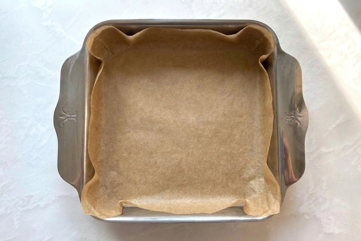 An 8x8-inch metal baking pan lined with parchment paper, with the paper overhanging the sides on a kitchen counter
