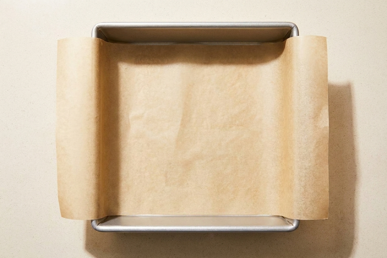 An 8x8-inch metal baking pan lined with parchment paper with overhang on a light kitchen counter