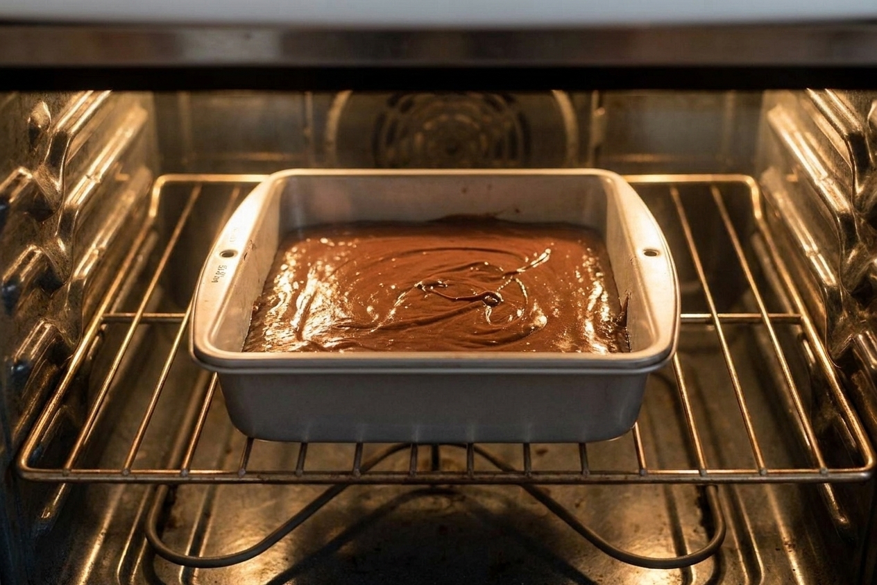 An 8x8-inch metal pan of brownie batter placed on the middle oven rack, oven light on