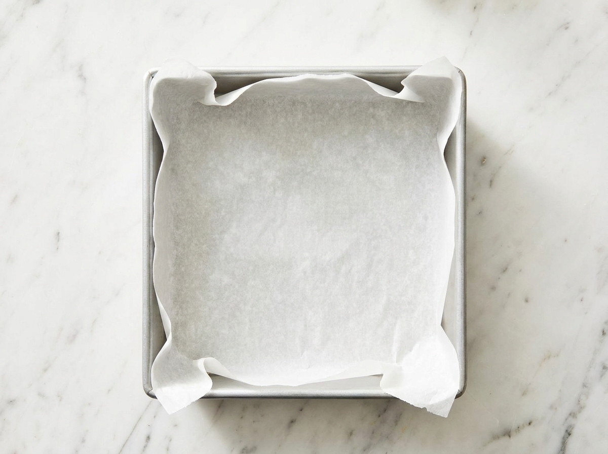 An 8x8-inch square pan lined with parchment paper with overhanging edges, sitting on a clean kitchen counter