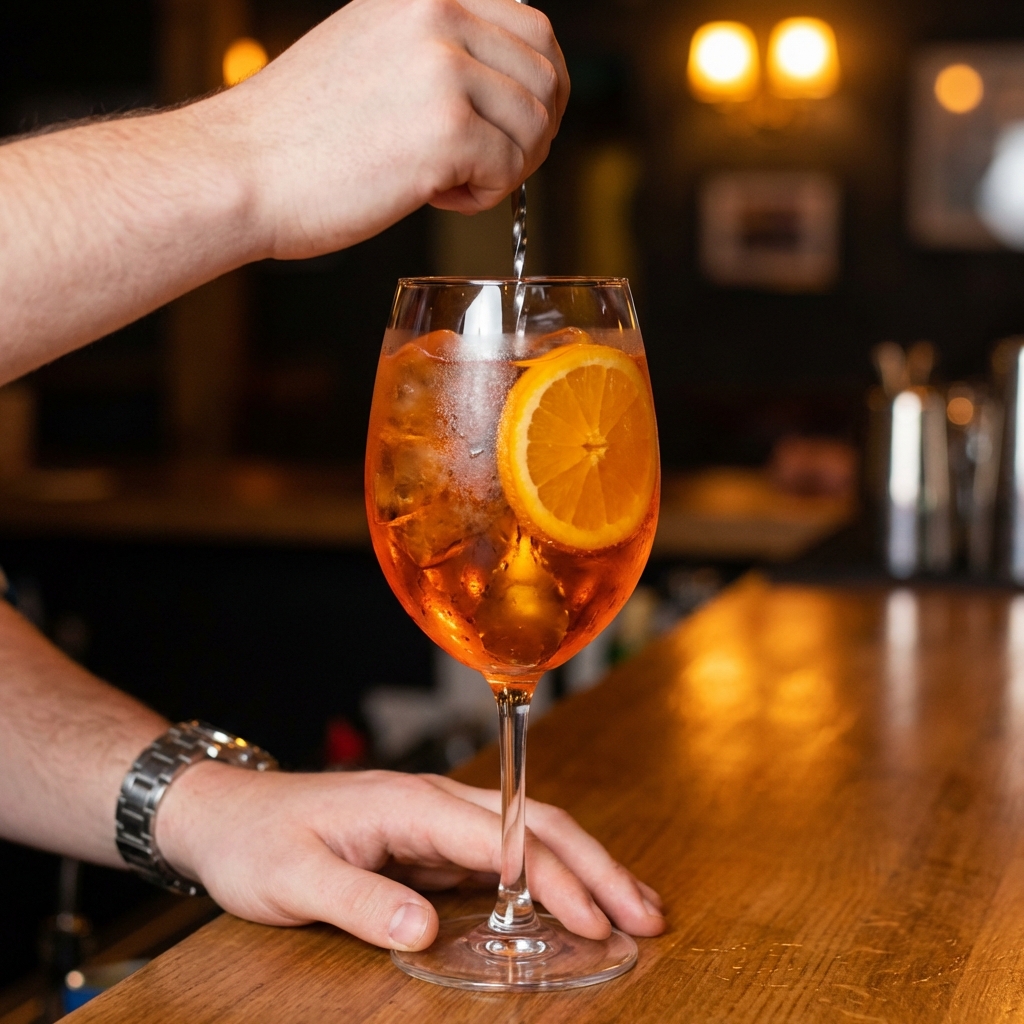 An Aperol Spritz being gently stirred in a wine glass filled with ice, with an orange slice floating near the top