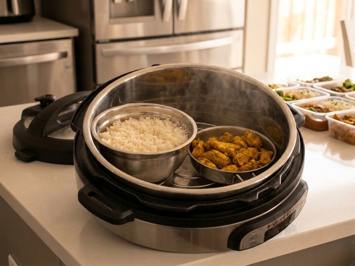 An Instant Pot inner pot with water at the bottom, a trivet holding a bowl of rice, and a small pan of seasoned chicken placed above it