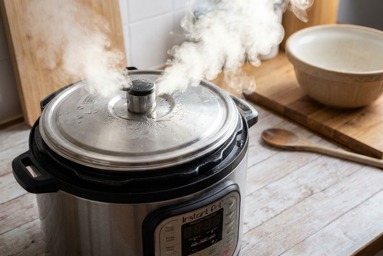 An Instant Pot on a kitchen counter releasing steam after cooking turkey stock
