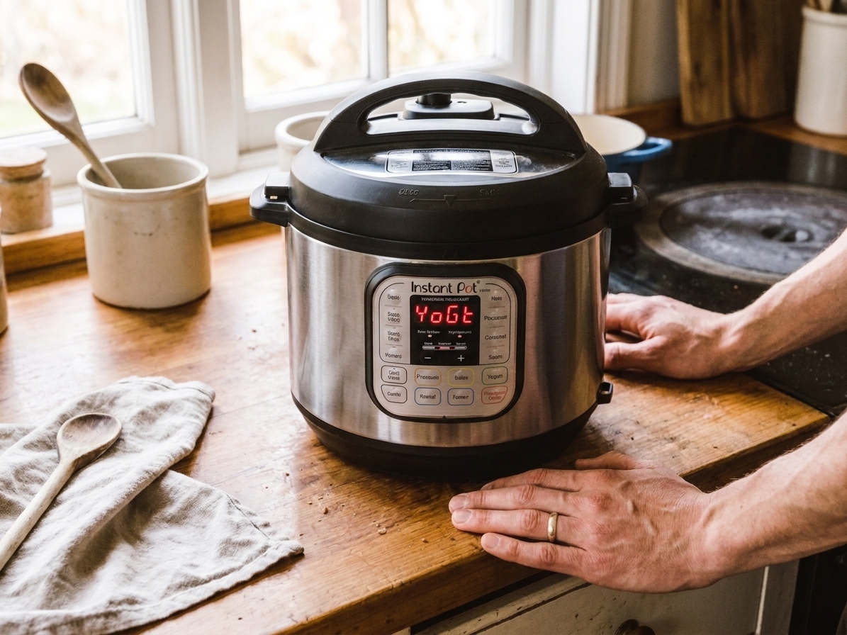 An Instant Pot on a kitchen counter running the yogurt setting with the lid on and a tidy workspace around it