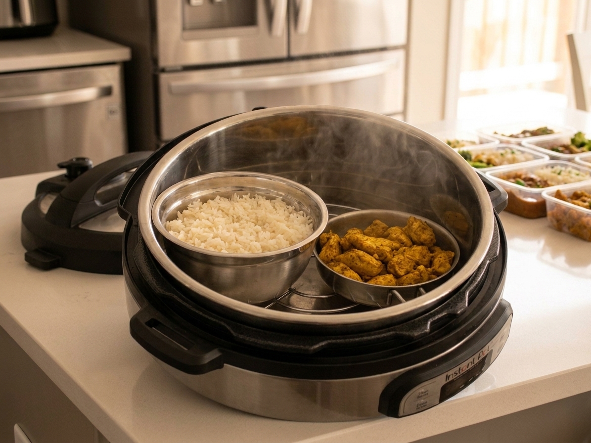 An Instant Pot open on a kitchen counter with a stainless trivet holding a bowl of cooked rice and a small pan of cooked chicken, with steam rising in warm natural light