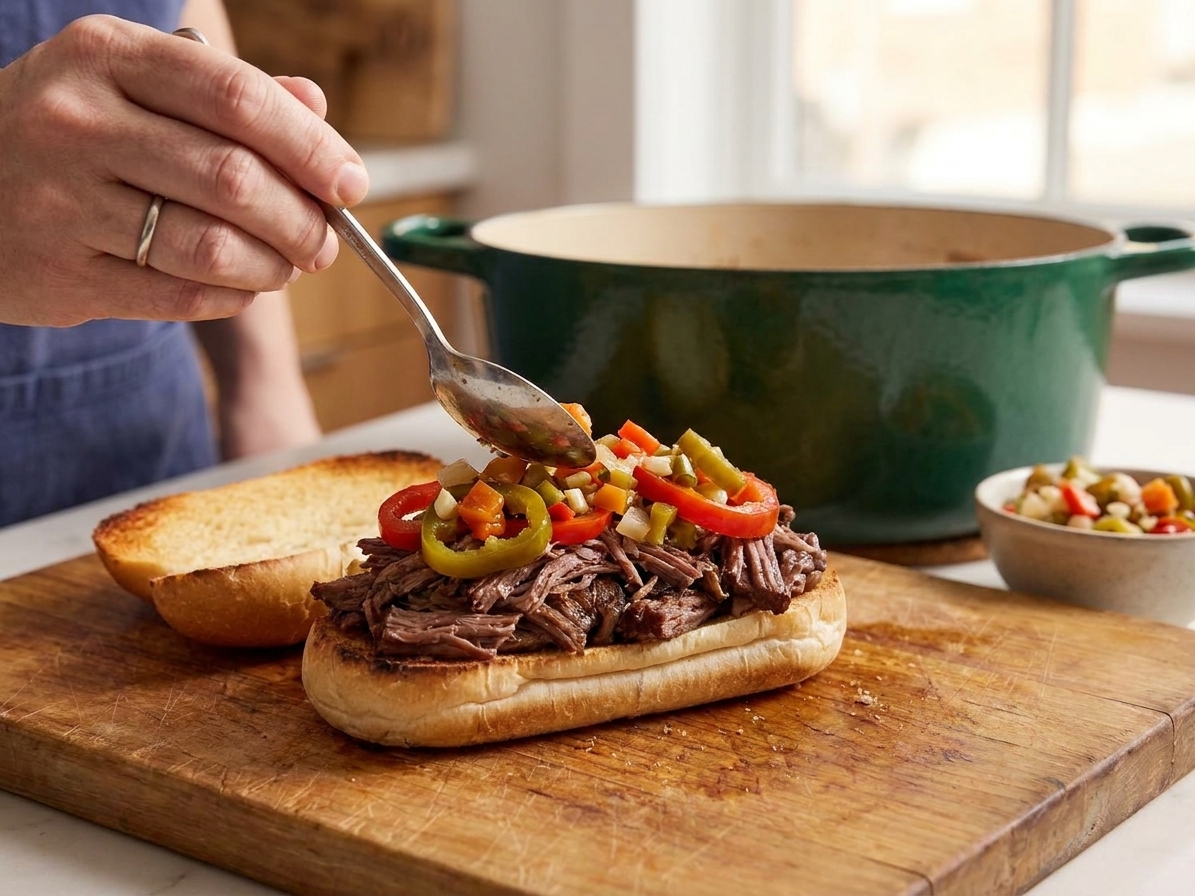 An Italian beef sandwich being topped with chopped giardiniera and sliced sweet peppers on a kitchen counter