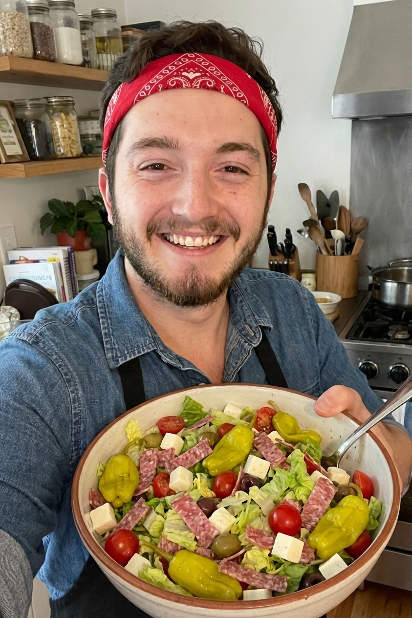 An Italian chopped salad in a large bowl with salami, mozzarella, and lettuce