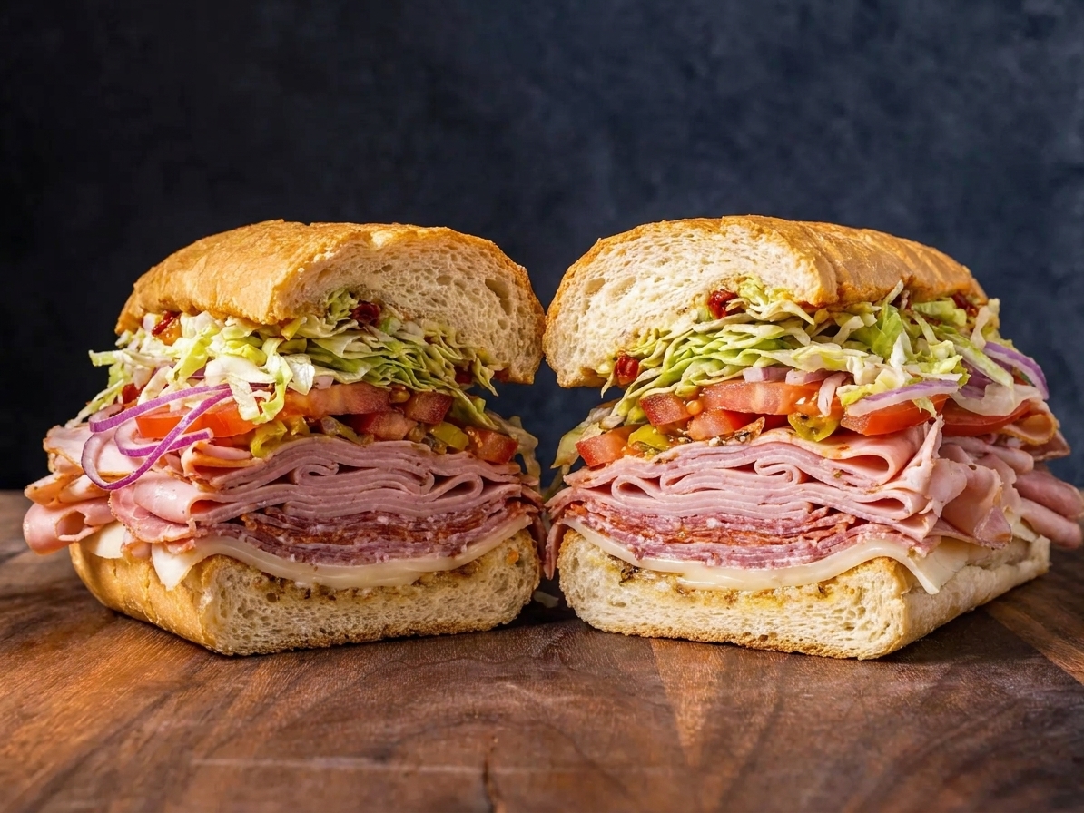 An Italian sub sandwich sliced in half on a cutting board with the layers of meat, cheese, lettuce, tomatoes, and peppers visible