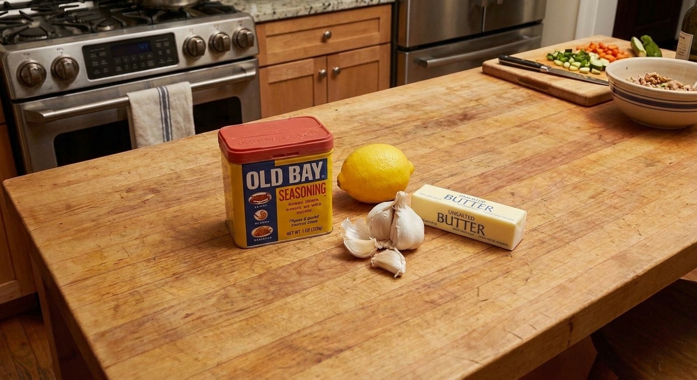 An Old Bay seasoning tin on a counter next to a lemon, garlic, and a stick of butter