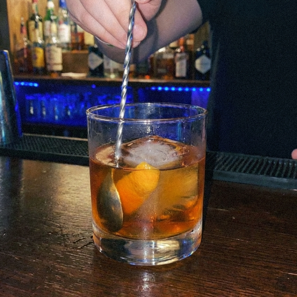 An Old Fashioned being stirred in a rocks glass with a bar spoon and a large ice cube