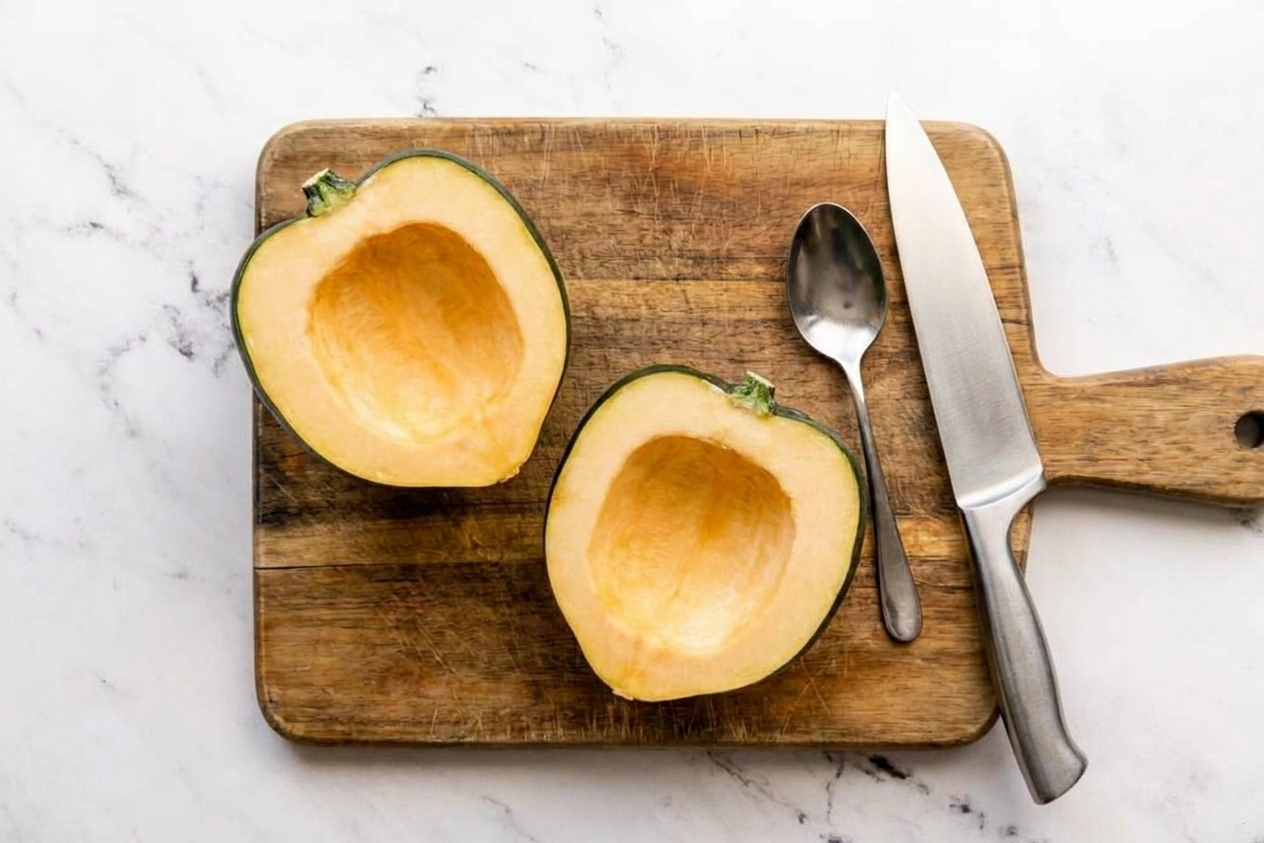 An acorn squash cut in half with seeds removed, sitting on a wooden cutting board next to a spoon and a chef’s knife