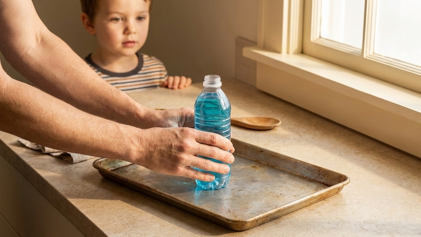 An adult setting up a bottle on a tray while a child watches from a safe distance at a kitchen counter