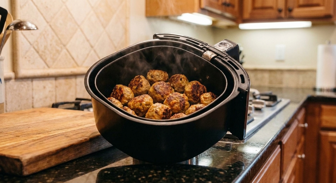 An air fryer basket filled with browned meatballs with crisp edges on a kitchen counter