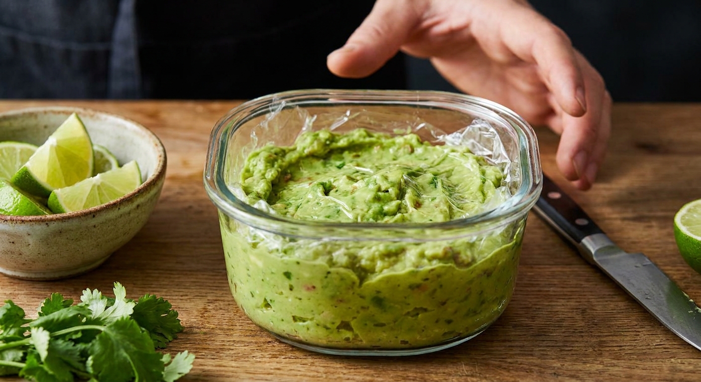 An airtight container filled with avocado dip with plastic wrap pressed directly on the surface