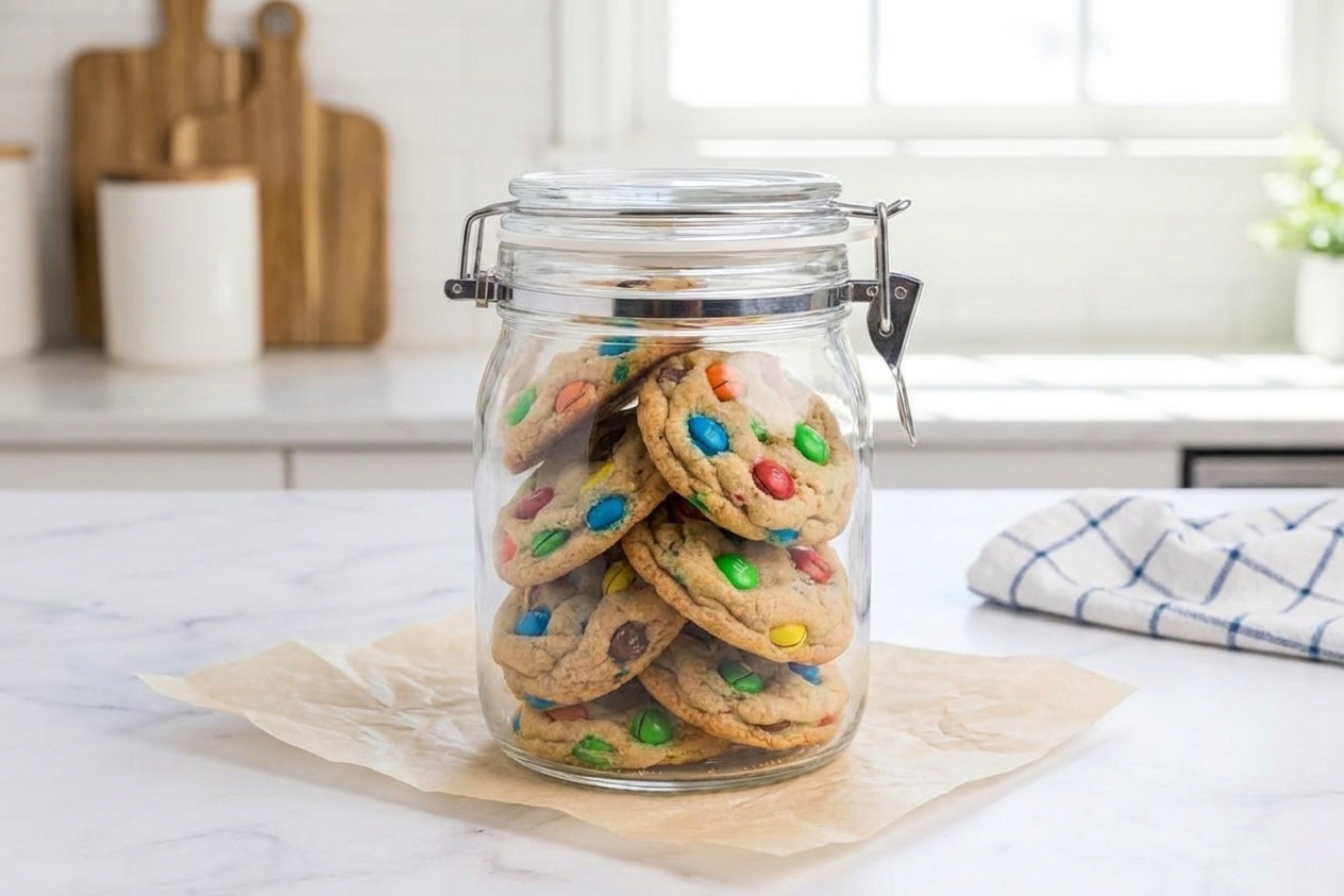 An airtight container filled with stacked M&M cookies on a clean kitchen counter with a parchment liner