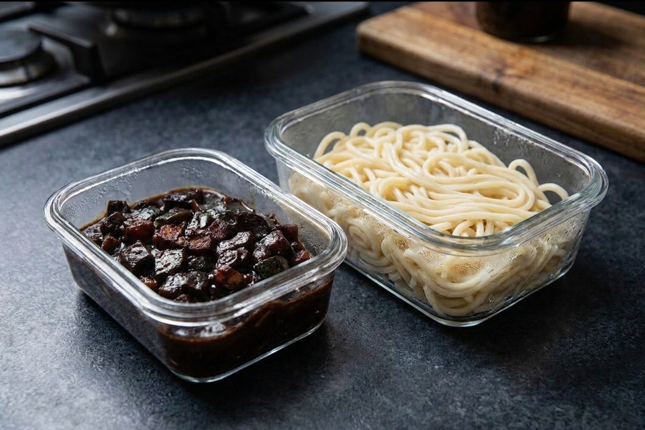 An airtight container of leftover jajang black bean sauce with a lid next to a separate container for noodles, ready for the refrigerator