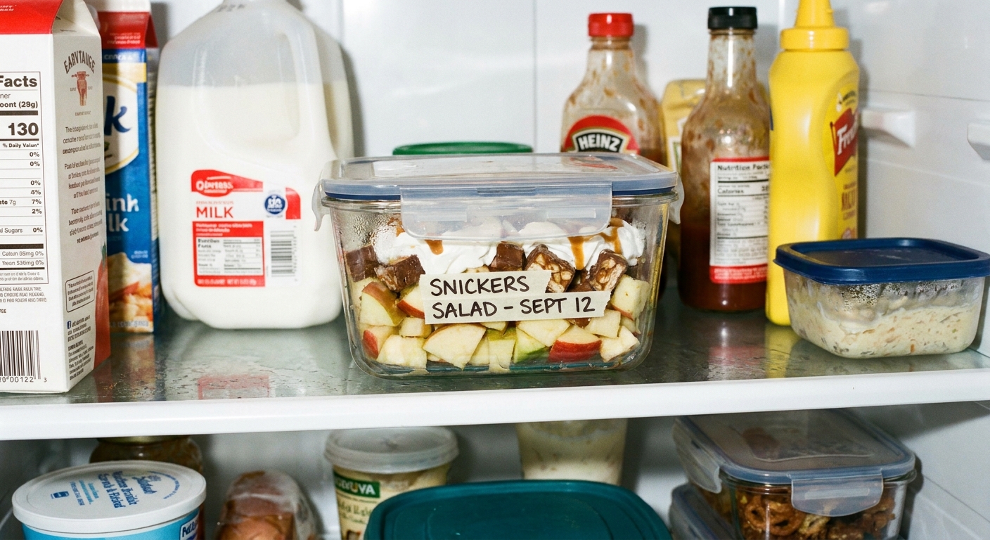 An airtight food container filled with Snickers salad sitting on a refrigerator shelf, real kitchen photography style