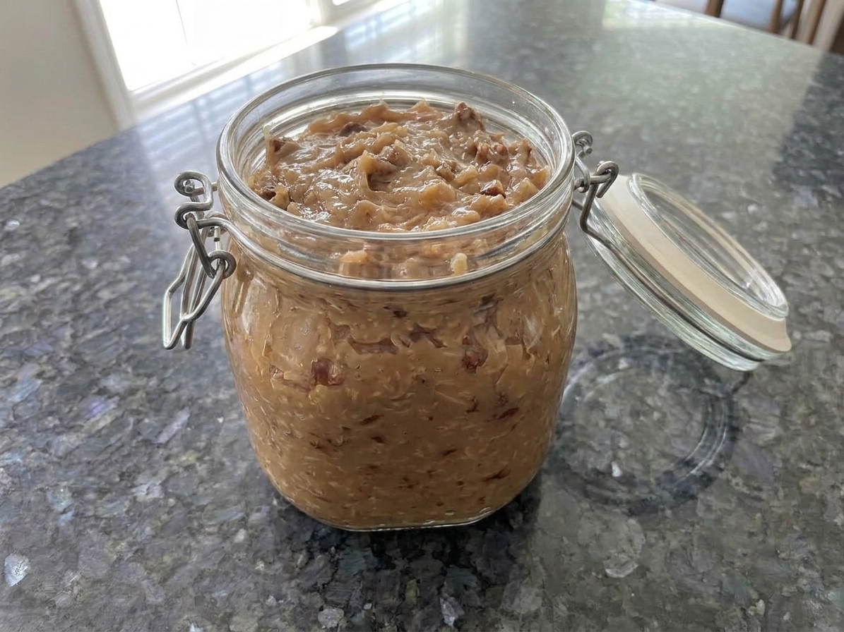 An airtight glass container filled with coconut-pecan frosting with the lid set beside it