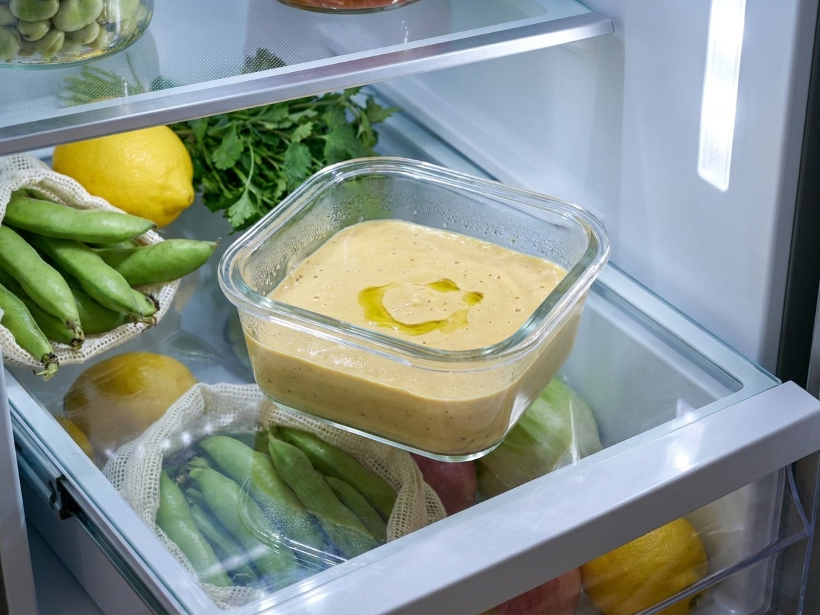 An airtight glass container filled with fava bean dip in a refrigerator drawer, with a small drizzle of olive oil on top