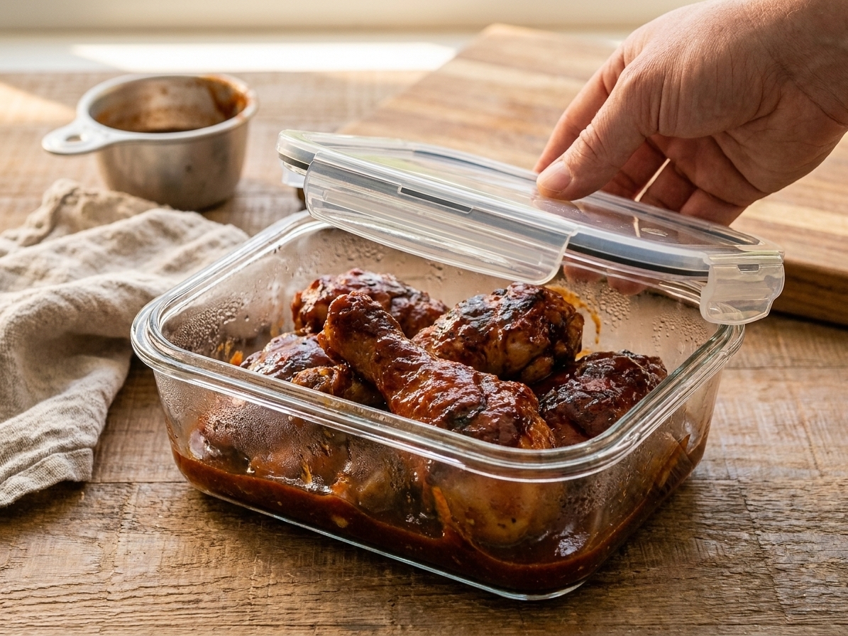 An airtight glass container filled with leftover BBQ chicken pieces and extra sauce on a kitchen counter