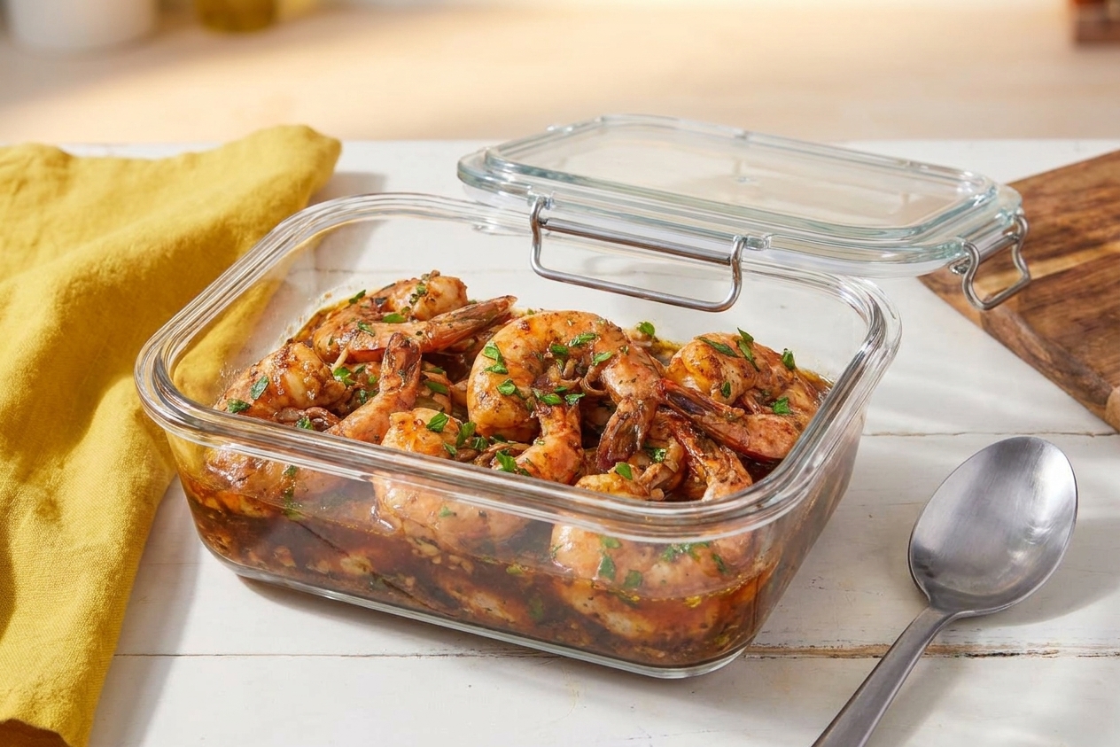 An airtight glass container filled with leftover BBQ shrimp and butter sauce on a kitchen counter next to a spoon