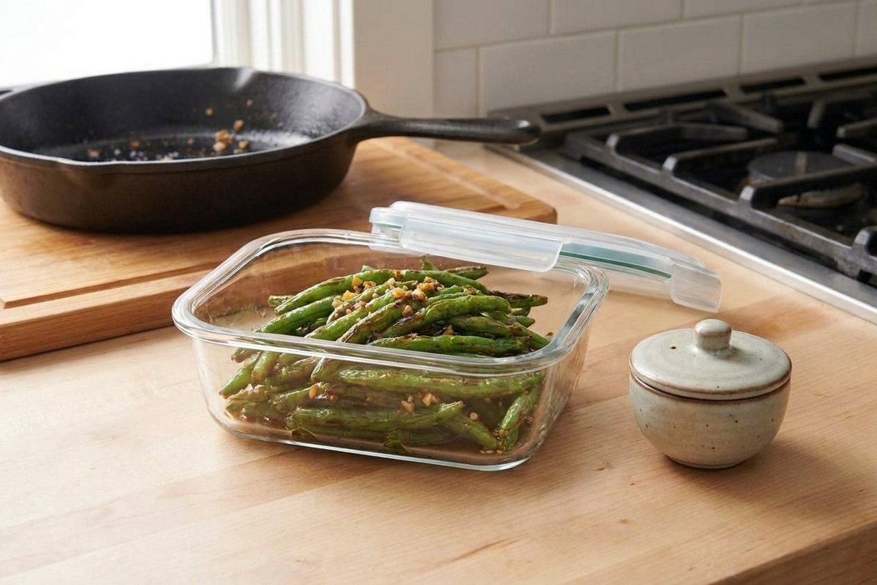 An airtight glass container filled with leftover Chinese-style garlic green beans on a kitchen counter next to a lidded sauce cup
