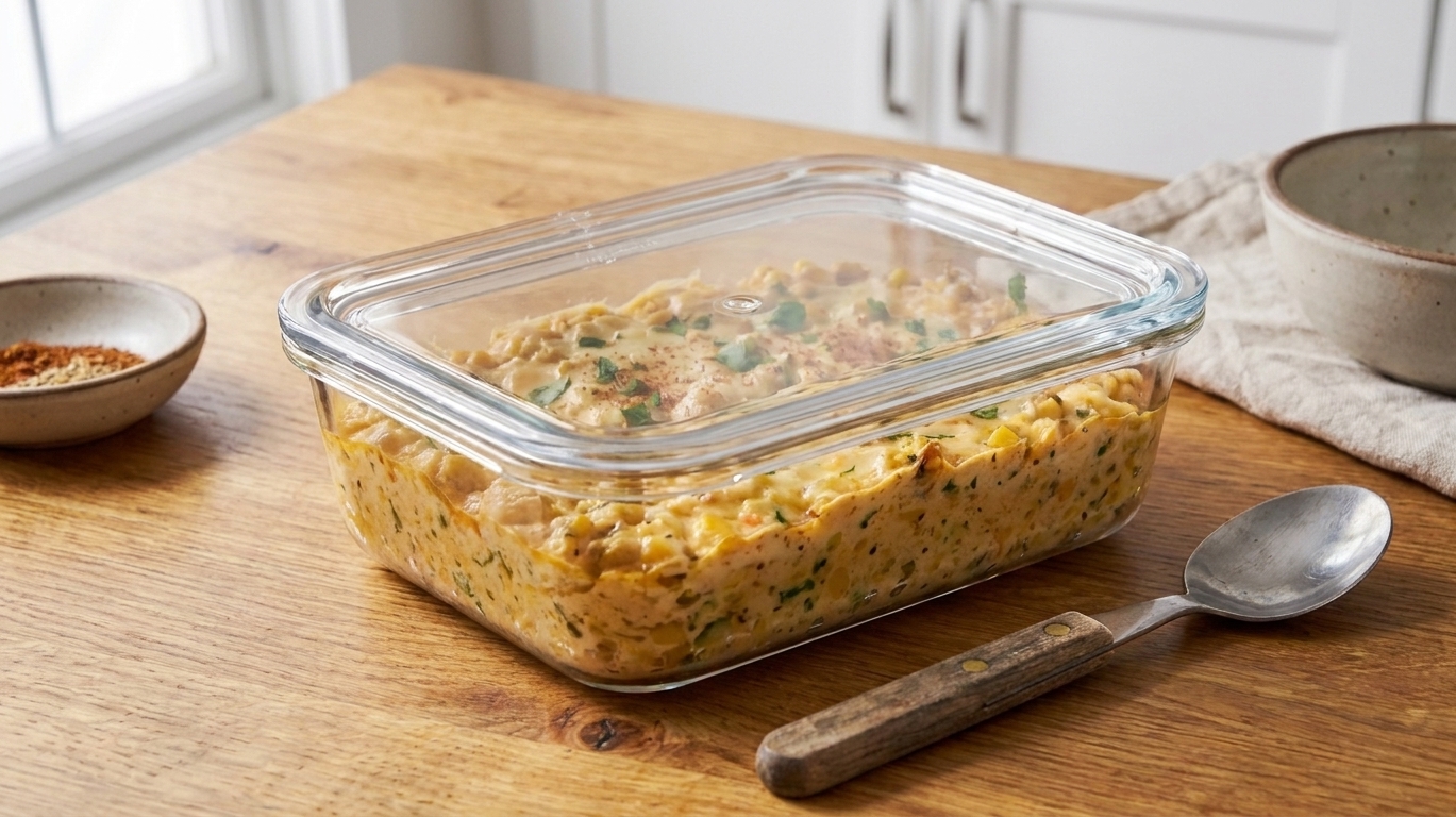 An airtight glass container filled with leftover Mexican corn dip on a kitchen counter with a spoon resting beside it