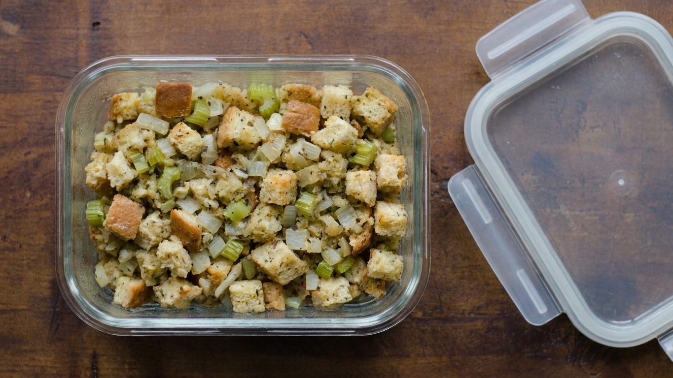 An airtight glass container filled with leftover Thanksgiving stuffing on a kitchen counter with a lid nearby