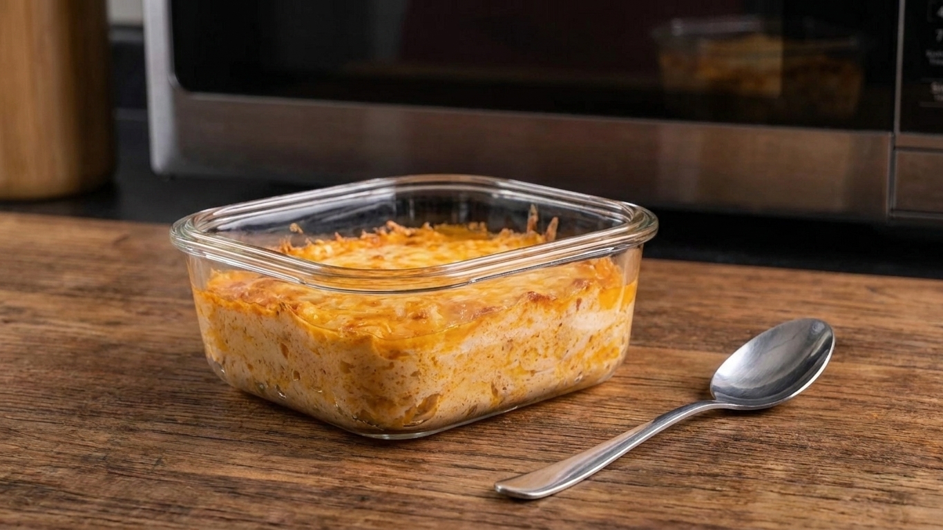 An airtight glass container filled with leftover buffalo chicken dip sitting on a kitchen counter with a spoon resting beside it