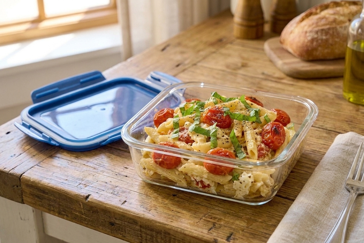 An airtight glass container filled with leftover baked feta pasta on a kitchen counter next to a lid