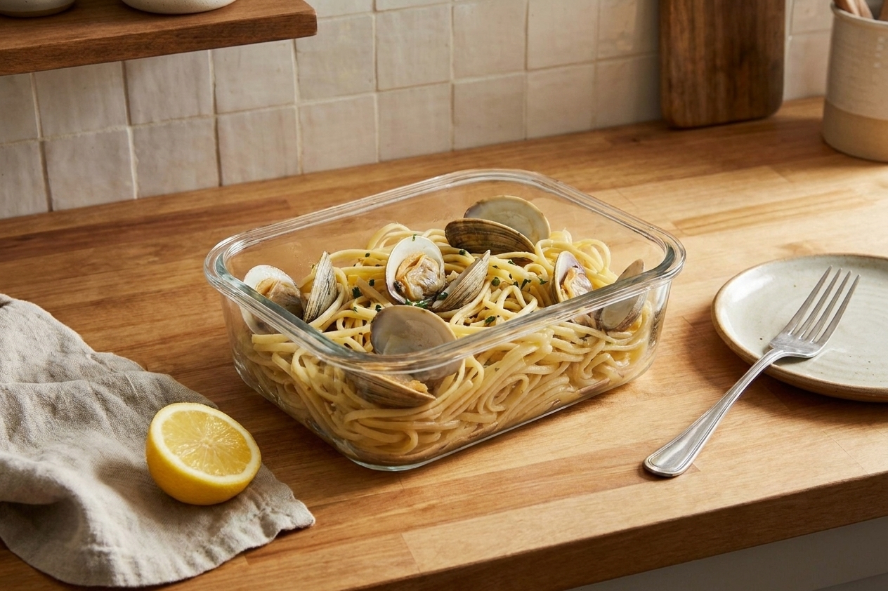 An airtight glass container filled with leftover clam linguine on a kitchen counter next to a small lemon wedge
