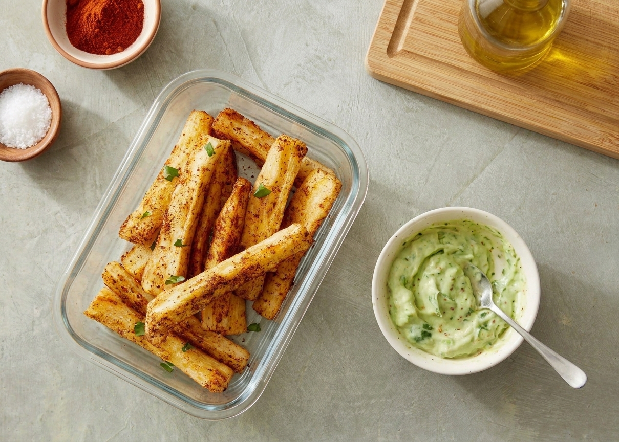 An airtight glass container filled with leftover cassava fries on a kitchen counter next to a small container of dipping sauce