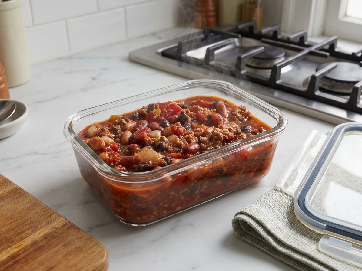 An airtight glass container filled with leftover kidney bean chili cooling on a kitchen counter beside a lid