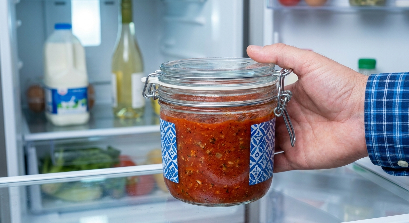 An airtight glass container filled with leftover minced beef spaghetti sauce in a refrigerator