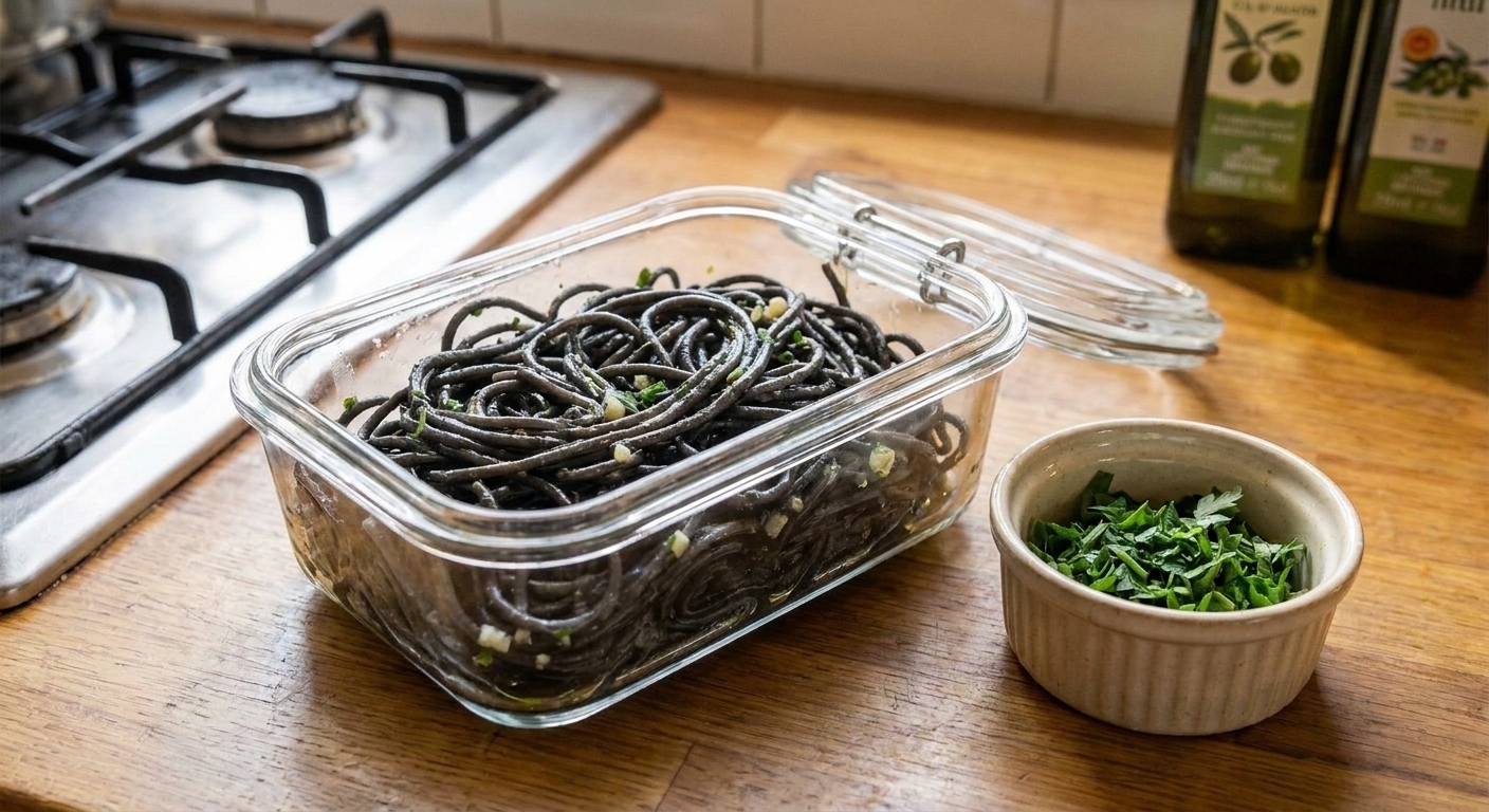 An airtight glass container filled with leftover squid ink pasta on a kitchen counter next to a small ramekin of chopped parsley