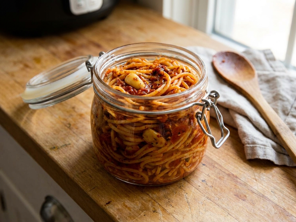 An airtight glass container filled with leftover tomato butter pasta on a kitchen counter, ready to be stored