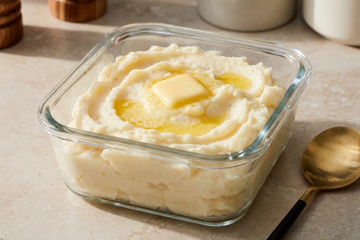 An airtight glass container filled with mashed potatoes, with a small pat of butter on top, sitting on a kitchen counter next to a spoon