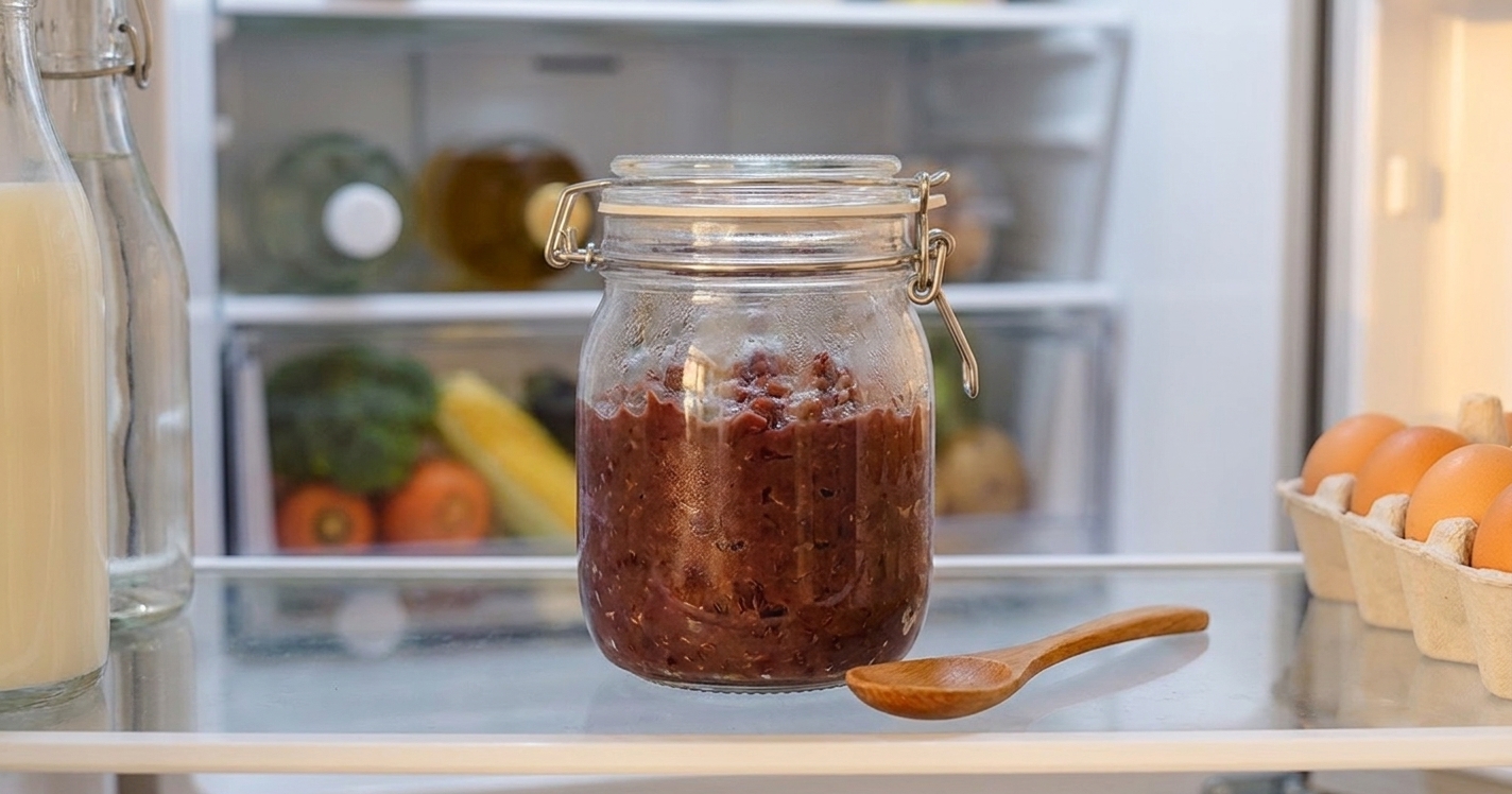 An airtight glass container filled with red bean paste sitting on a refrigerator shelf with a spoon nearby