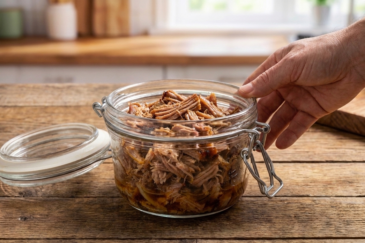 An airtight glass container filled with shredded pulled pork and a little cooking liquid, sitting on a kitchen counter next to a lid