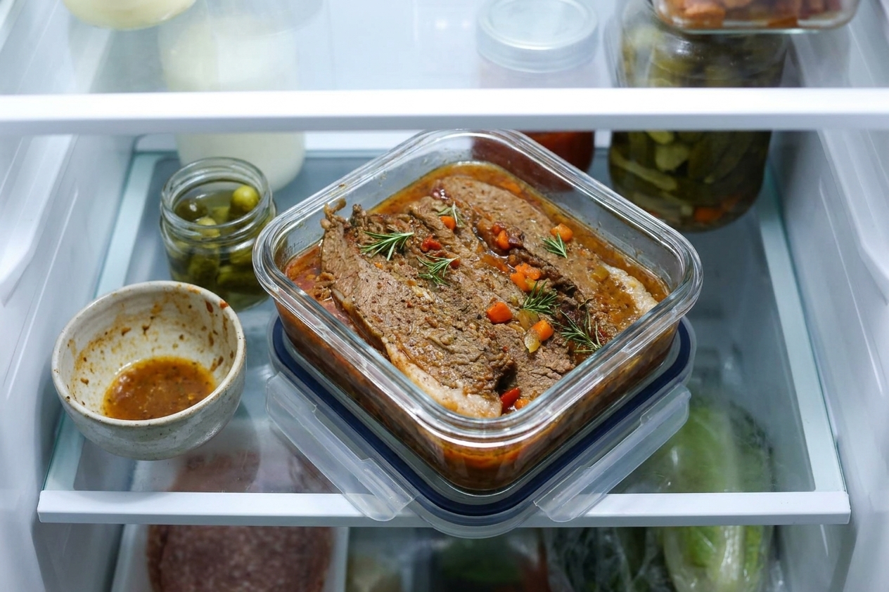An airtight glass container filled with sliced brisket covered in sauce, resting on a refrigerator shelf